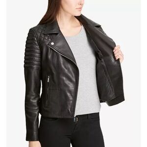 DKNY Black Leather Moto Jacket with Quilted Sleeves